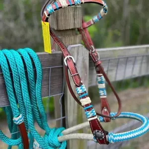 Complete Teal Bosal Bitless Bridle Set Rawhide Bosal and Teal Mecate Rein