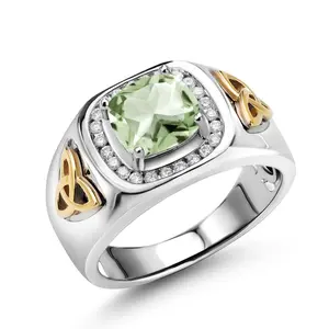 2.31 Ct Green Prasiolite Lab Grown Diamond 925 Silver and 10K Yellow Gold Men's Ring