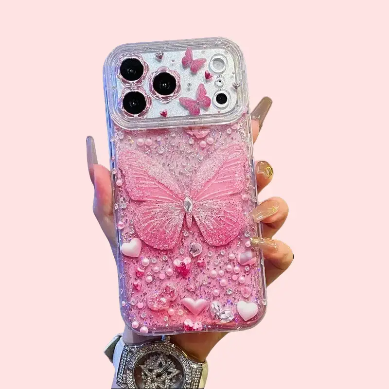 Full-Diamond Glitter Luxurious Shiny Pink Butterfly Smartphone Case - Enhanced Protection Handheld Device Cover, Customized Phone Accessory for iPhone 17 Pro Max, 16 Pro Max, 15, 14, 13