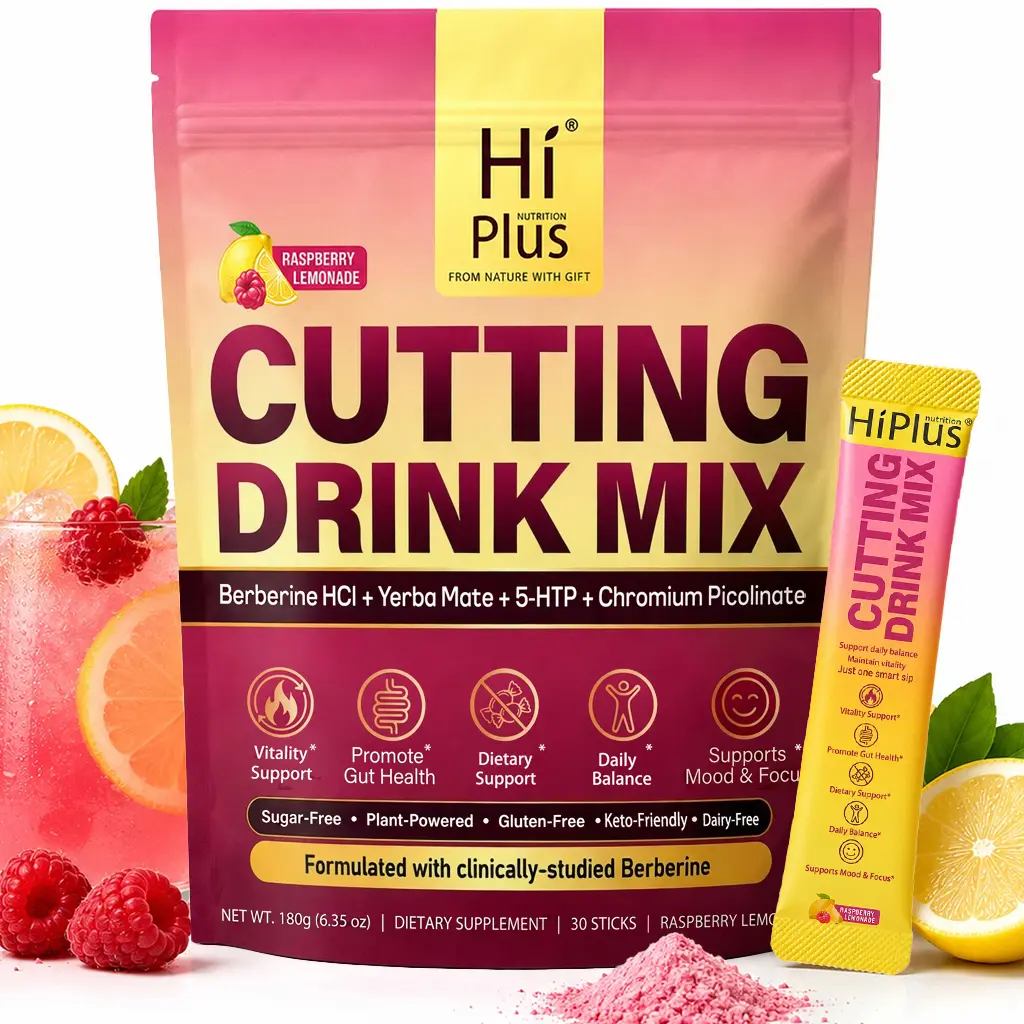 HiPlus Cutting Drink Mix – with Magnesium, Berberine, Chromium, Vitamin D3, 5-HTP & FOS | Sugar-Free, Vegan, Non-GMO, Gluten-Free, Raspberry Lemonade - 30 Servings