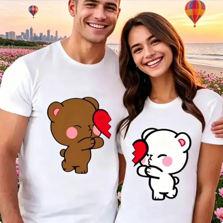Women's Couple Matching Bear Graphic Short-Sleeve Round-Neck T-Shirt - Soft Breathable Streetwear Top, Cute Love Outfit for Dates, Festival, Party, Perfect Valentine’s Day Gift for Couples, Shortsleeve# versatile short sleeve