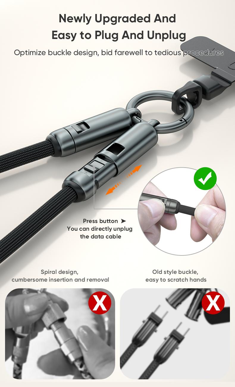 240W USB-C Fast Charging Phone Lanyard 7mm Nylon Crossbody Wrist Strap Lanyard Data Cable 2 in 1 Smartphone Cellphone Flexible Travel Charger