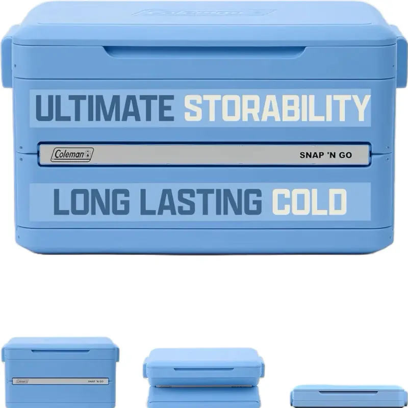 Coleman Snap N Go 45qt Collapsible Hard Coowler, Keeps ice Cold for up to 55 Hours, Holds up to 76 cans, Collapses up to 1/3 its Size, Can Hold up to 200 pounds, Blue Sky