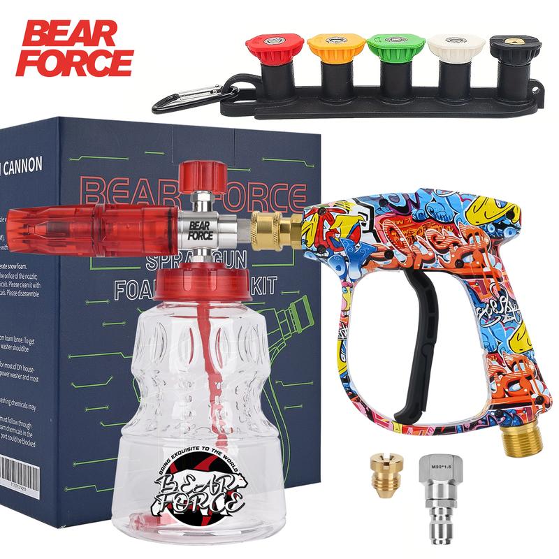 BEAR FORCE High Pressure Washer Foam Cannon Kit 3000PSI, FOR PRESSURE WASHER, Spray Gun Power Washer Short Handheld with M22 Inlet-14mm & Foam Cannon Foam Gun with 5 Nozzles Tips #035 & 3/8'' Quick Connector, Snow Foam Lance, 1 Liter, Car Washing