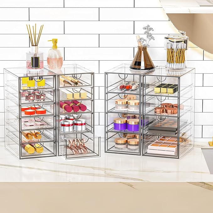 Clear Acrylic Makeup Organizer – 19-Drawer Vanity Storage Set (4 Pack) for Cosmetics, Palettes & Beauty Supplies