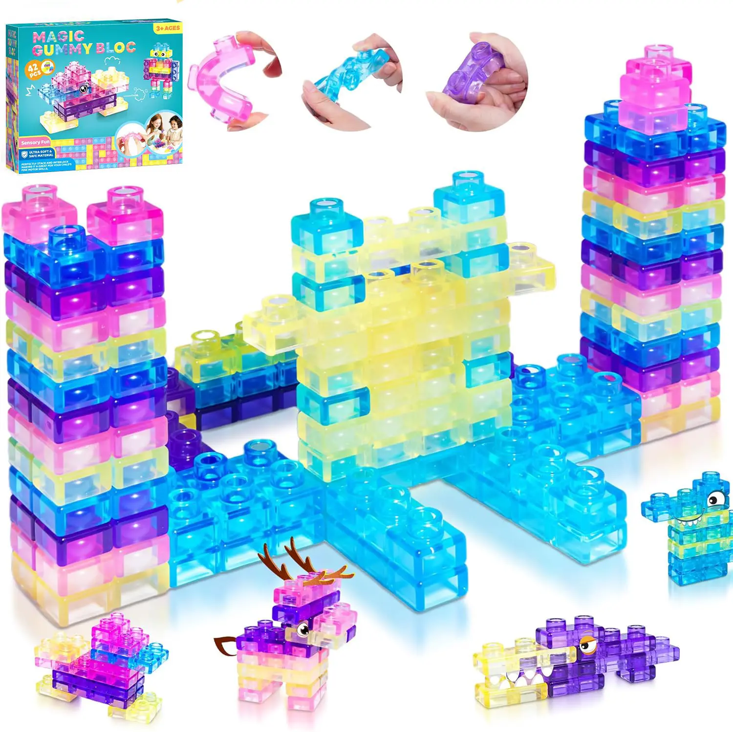 42PCS Sensory Soft Building Blocks for Toddlers - Montessori Squishy Stacking Block Game, Squeezable Stretchable Early Learning Construction Playset, Creative Puzzle Toy, Blocks Tower Game