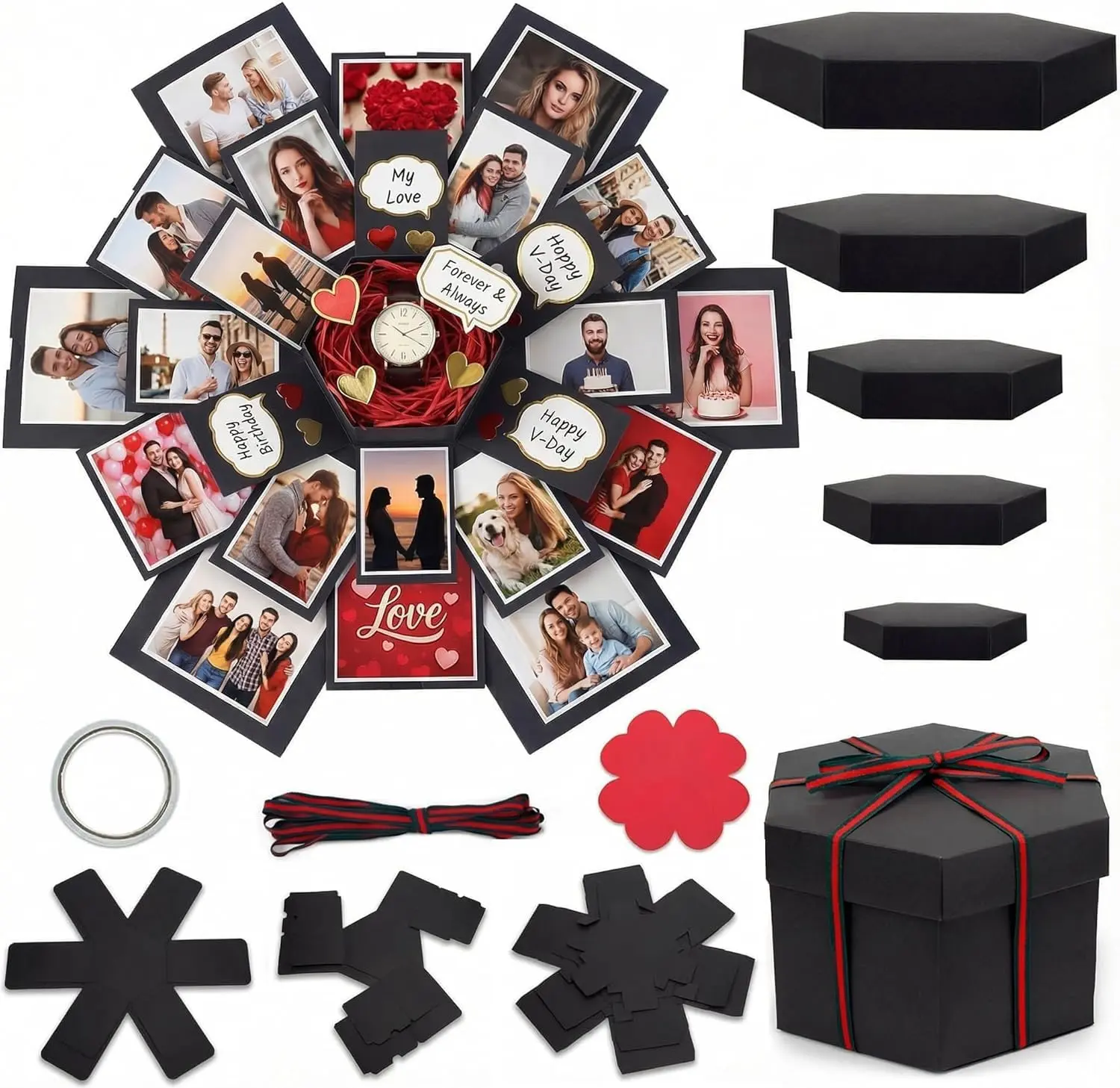 Explosion Gift Box DIY Custom Scrapbook Photo Album Surprise Box for Birthday Anniversary Wedding Holiday Graduation Black Paper Exploding Memory Keepsake Box with Inner Gift Case
