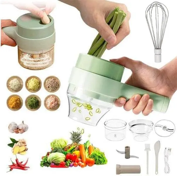 5-in-1 Compact Plastic Electric Immersion Blender Set - ABS Mini Food Processor with Long Veg Feed Port, Handle Button, Easy Grip, Self-Cleaning & Cleaning Brush, Vegetable Chopper, Garlic Chopper, Egg Cream Mixer for Onions, Fruits, Auto Clean