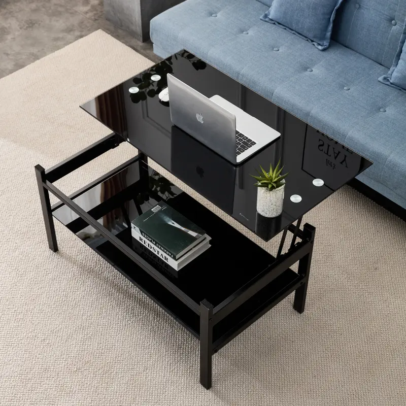 Black Tempered Glass Lift-Top Fold Coffee Table - Modern Design, 2-Layer Rectangle Indoor Furniture, W37.8x21.26", 45.86lbs, Metal Tube Frame, Easy Assembly with Included Hardware for Living Room, Office