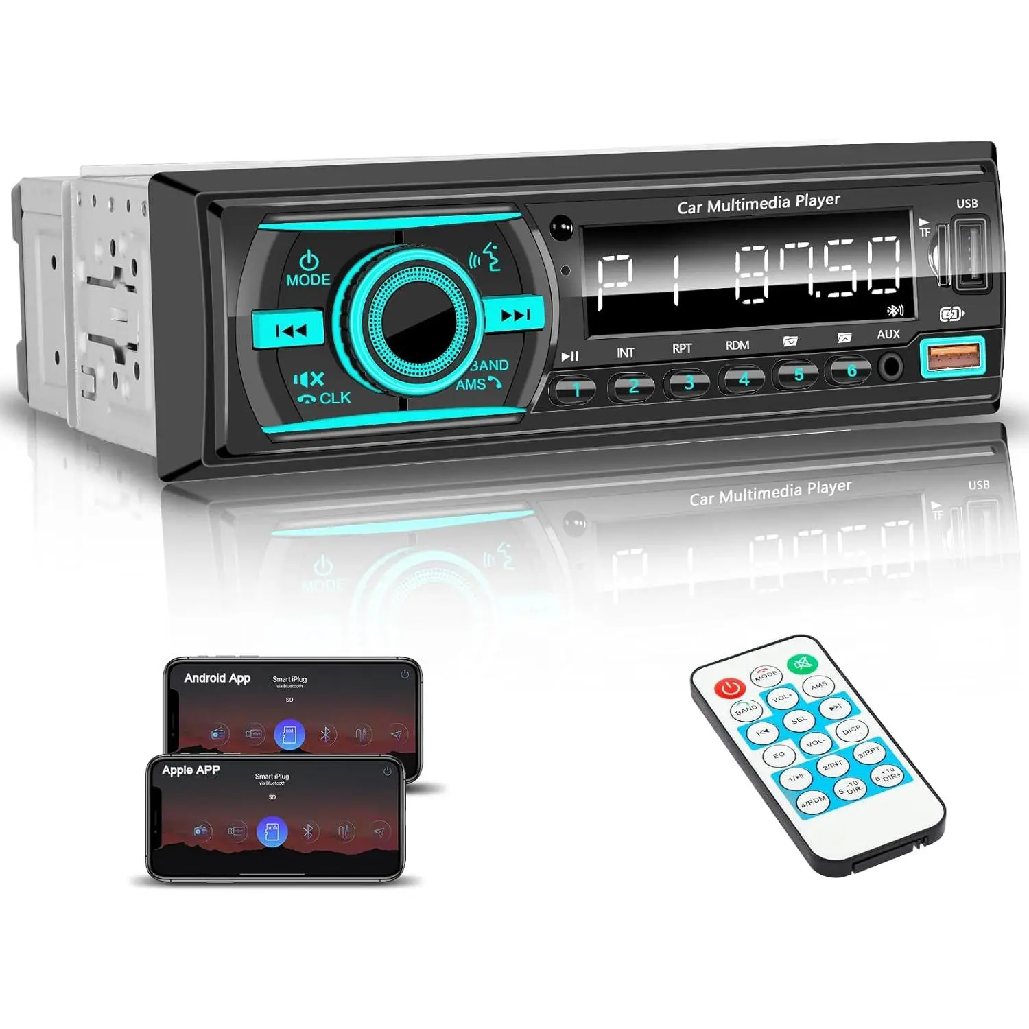 Stereo with  Single Din  Radio, Marine Radio Boat Stereo for iOS/Android, Built-in Mic, Digital LCD, RCA, MP3, FM, EQ, Aux-in, USB, TF Card & App Remote(Black)