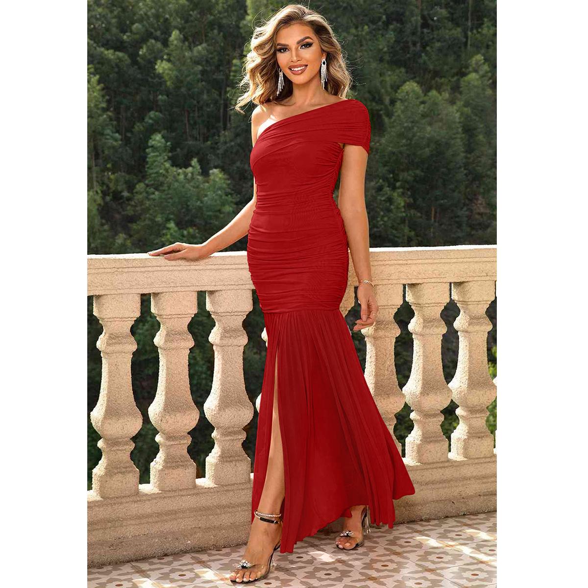 Aprilake Women's Elegant Formal One Shoulder Sleeveless Ruched Bodycon Evening Vacation Mesh Long Dress