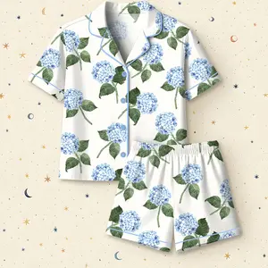 Women’s Hydrangea Bloom Blue Hydrangea Watercolor Flower Latin Pajama Set, Perfect Gift For Mother's Day, Short Sleeve & Long Sleeve, Soft Breathable Sleepwear, Gift For Mom, Grandmother, Sister, Girlfriends