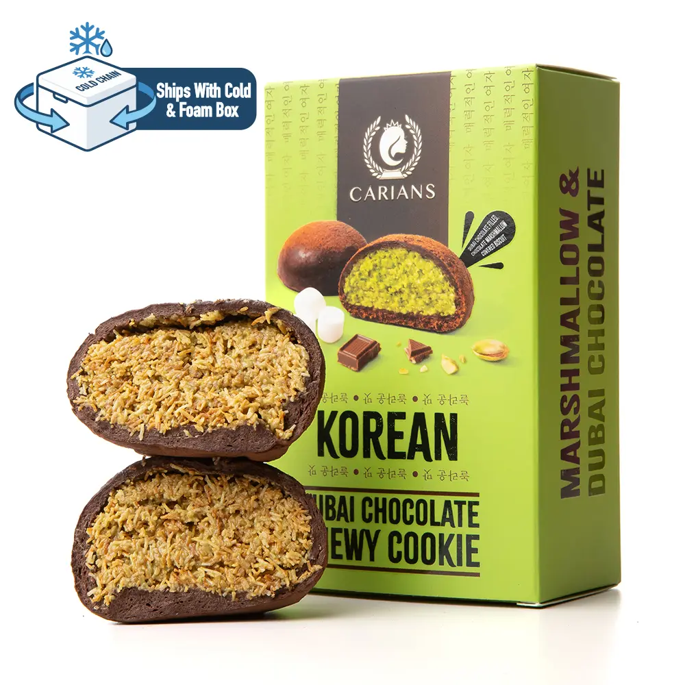 CARIAN'S Korean Dubai Chocolate Chewy Cookie - Chew the Art of Fusion, Premium Pistachio Cream and Soft Marshmallow Center, Gourmet Milk Chocolate Covered Treats, Eastern Flavors Premium Gift 2.54oz
