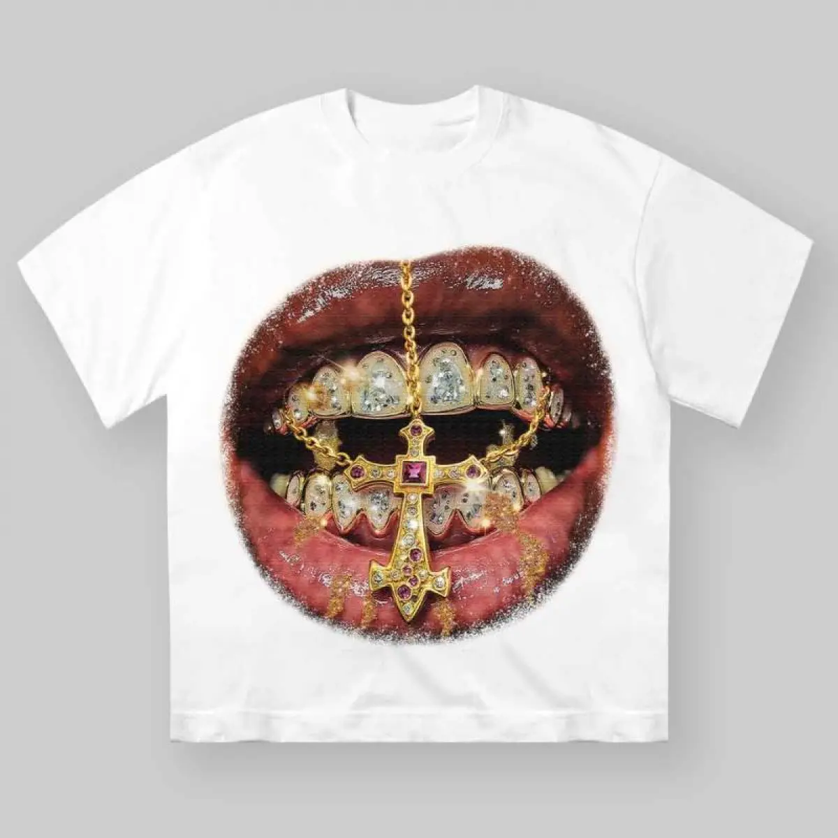 High-Quality Golden CrosTees Diamond Patch Grills Print Y2k T-shirt, Unisex Cotton Crewneck T-Shirt - Medium, Short Sleeve, Casual Streetwear Printed