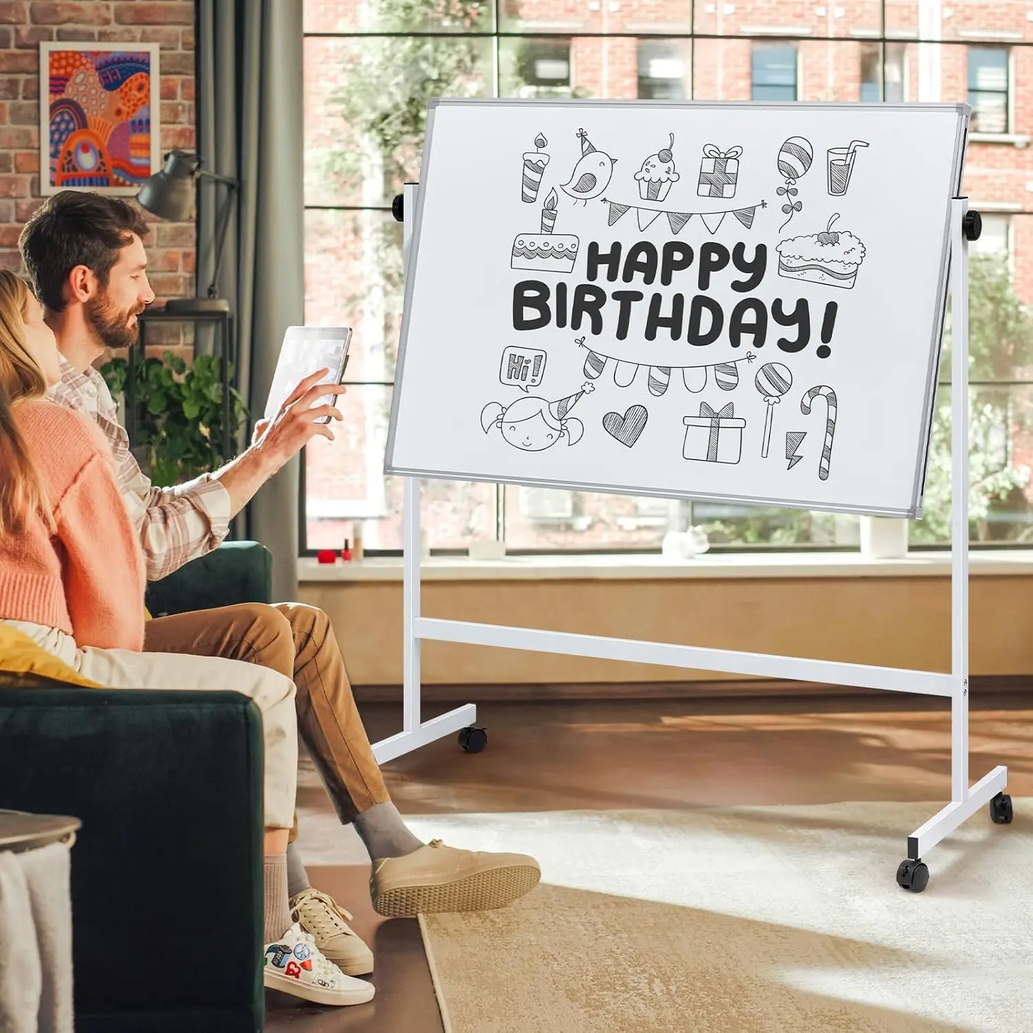 46 x 32 Inches Double Sided Magnetic Rolling Whiteboard, Mobile Dry Erase Board with Wheels and Stand, Silver Aluminum Frame for School Office Home