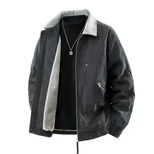 Men's Black Corduroy Sherpa-Lined Jacket, Contrast Collar Retro Casual Warm Coat with Zipper Pockets