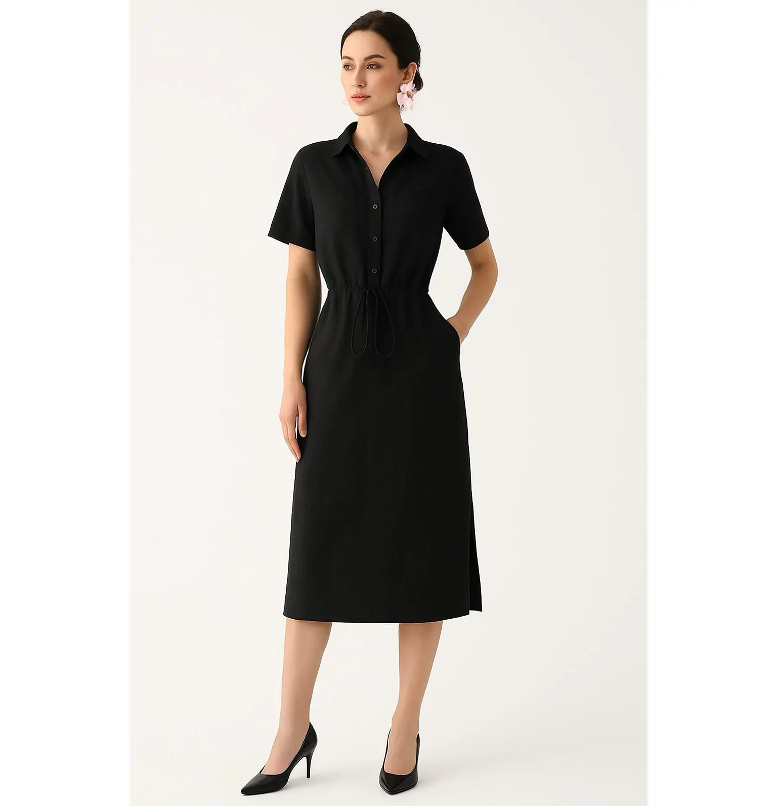 Women's 100% Cotton Linen Shirt Dress | Slimming Drawstring Waist | Elegant  American Casual Midi Dress | Black & Navy Blueoffee | S-XL - TikTok Shop