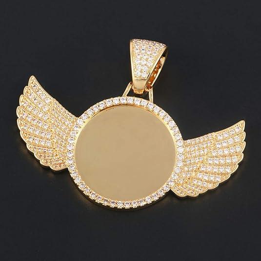 Picture Chain Pendant 18K Gold Wing Bezel Charms  Plated Hip Hop Pendant Necklace