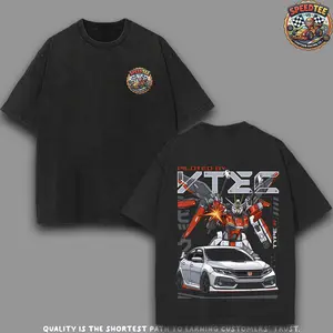 Piloted by VTEC Honda Civic Type R Graphic Tee | Oversized Acid Wash T-Shirt | Cartoon Gundam Mecha Anime JDM Streetwear | Retro Y2K Heavy Cotton Shirt for Men & Car Enthusiasts