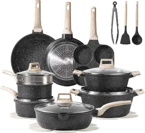 CAROTE 21pcs Pots and Pans Set Nonstick, Cookware Set Black Granite Induction Kitchen Cooking Set w/Frying Pans & Saucepans(PFOS, PFOA Free)