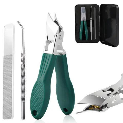 Women's 3-Piece Eagle Beak Beveled Nail Clippers Multi-Pack - Wide Jaw Opening, Anti-Splash/Splash-Proof Clip, Long Handle Leverage, Compact Lightweight Nail Care Tool with Storage Sleeve for Daily/Travel Use (Green)