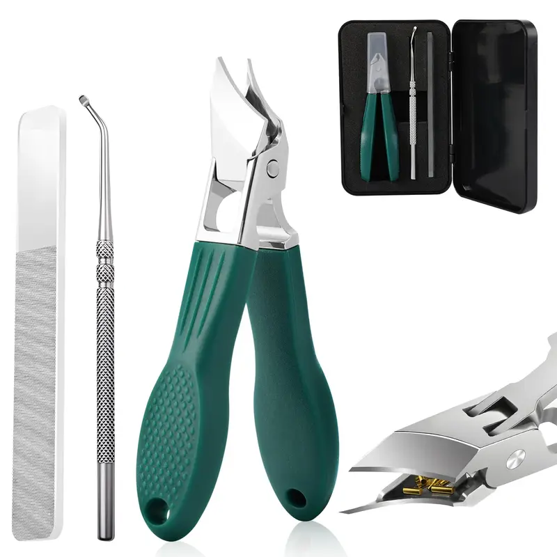 Women's 3-Piece Eagle Beak Beveled Nail Clippers Multi-Pack - Wide Jaw Opening, Anti-Splash/Splash-Proof Clip, Long Handle Leverage, Compact Lightweight Nail Care Tool with Storage Sleeve for Daily/Travel Use (Green)