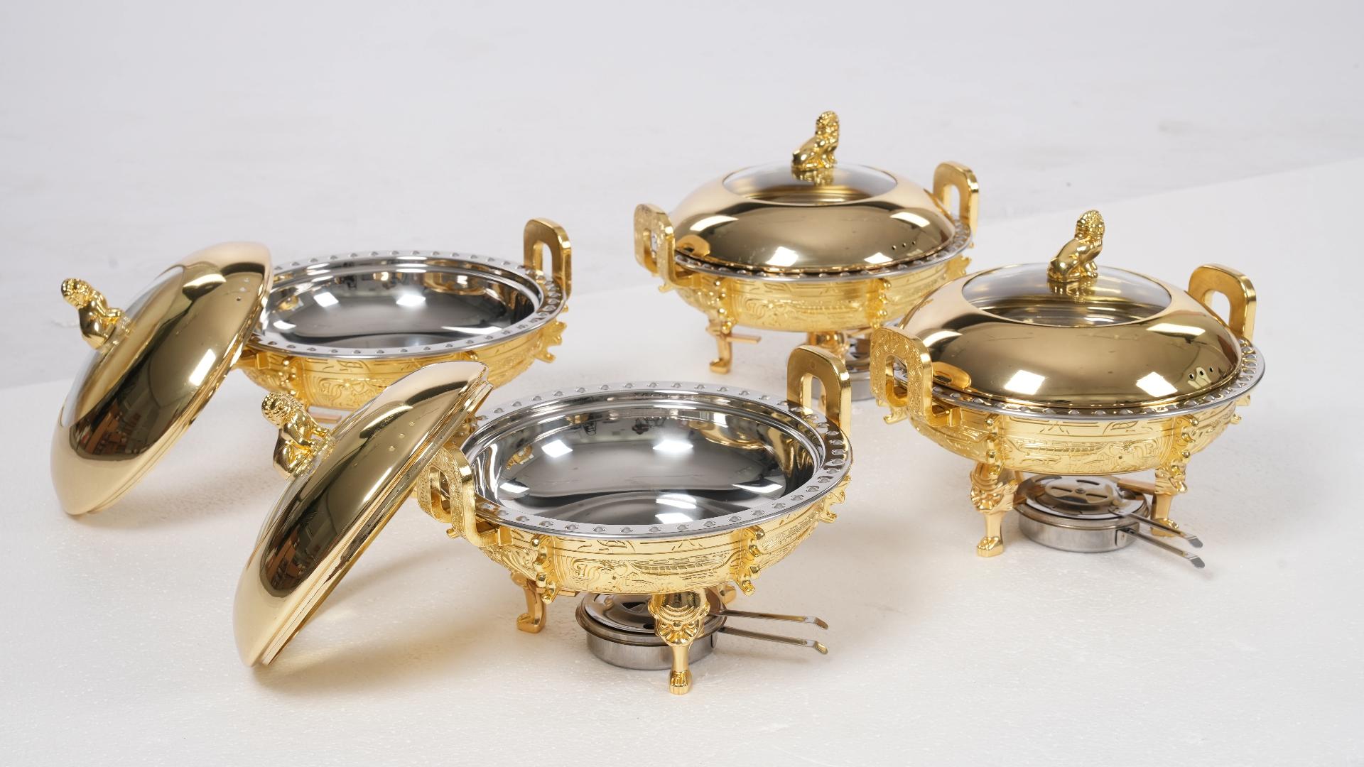 CNCEST 8.7" Traditional Chafing Dishes (Set of 4) Palatial Style Gold Tripod Warmers w/Alcohol Stoves for Catering & Banquets, Home and Party