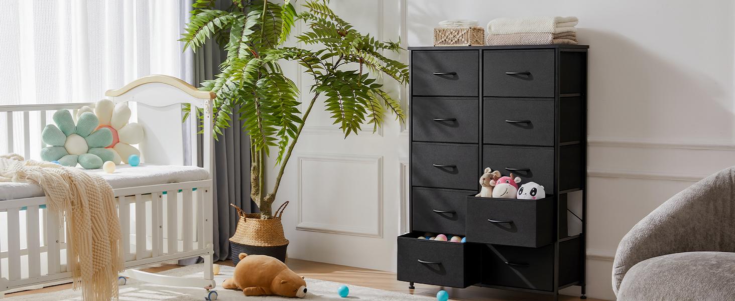 Sweet Furniture F Dresser - Fabric Storage Tower with 10 Drawers, Bedroom Drawer Dresser Organizer, Chest of Drawers with Fabric Bins, Steel Frame and Wood Top for Bedroom, Closet, Entryway Assembled