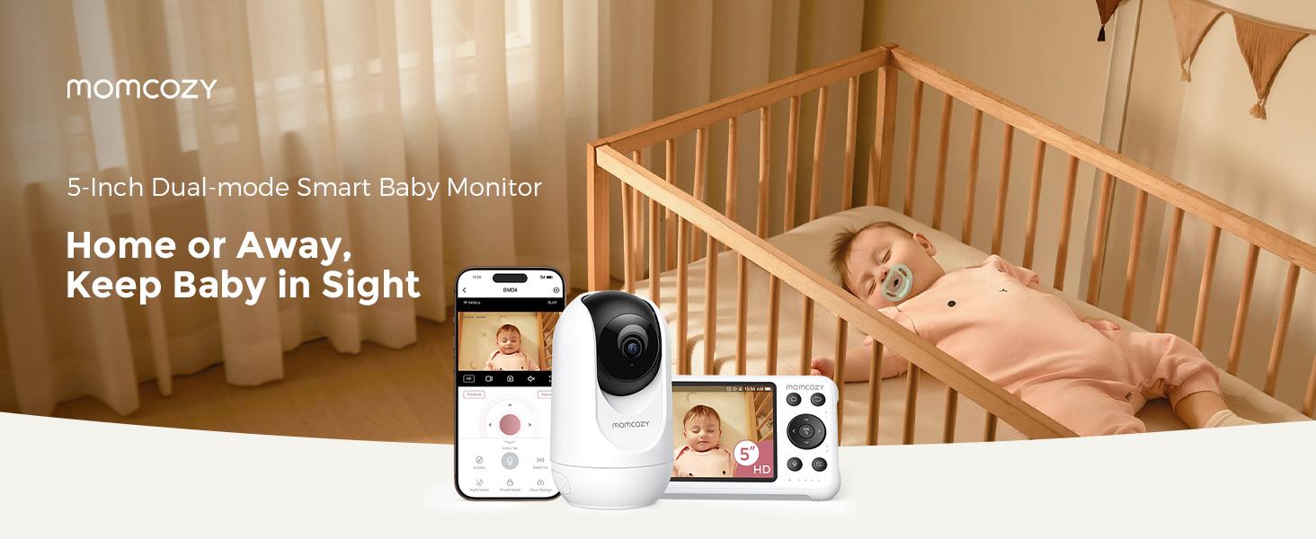 Momcozy Smart WiFi Baby Monitor with Camera and Audio, 5" 1080P Screen with Wall Mount, Motion & Cry Detection, Safe Fence, Clear Night Vision, 5000mAh Battery, 2-Way Talk, Photo & Video Recording