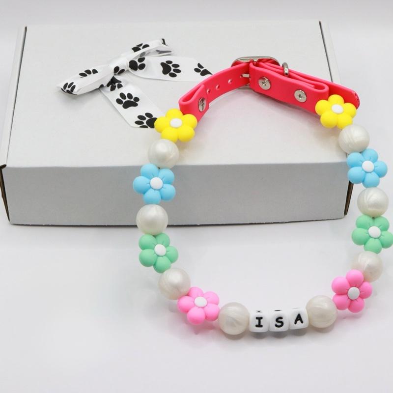 Custom Flower Name Collar for Dogs-Adjustable  Spring Necklace-Handmade in the USA-Small,Medium and Large Pets-Personalized Pastel Cute Bead Colors