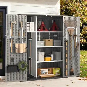 61 Cu.Ft Outdoor Storage Shed, Waterproof Vertical Resin Cabinet with Floor, Wide Patio Storage for Garden Tools & Pool Equipment, Easy Assembly, Gray