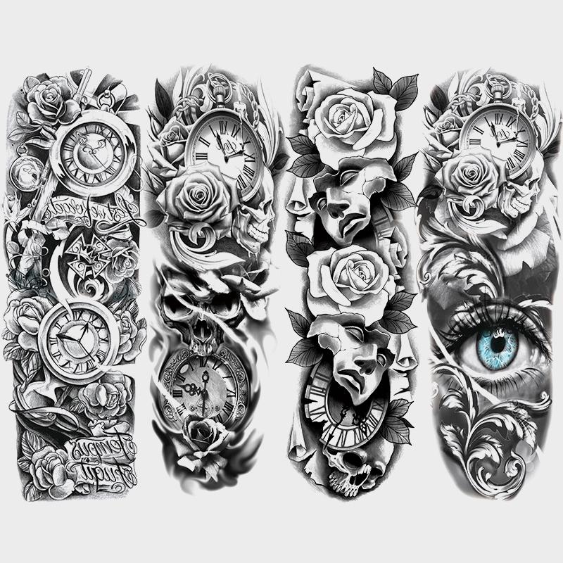 4 Sheets Full Arm Temporary Tattoo Stickers, Waterproof Floral Clock Rose Gothic Skull Tattoo Body Art Tattoos, Realistic Long-Lasting Fake Tattoos for Men Women