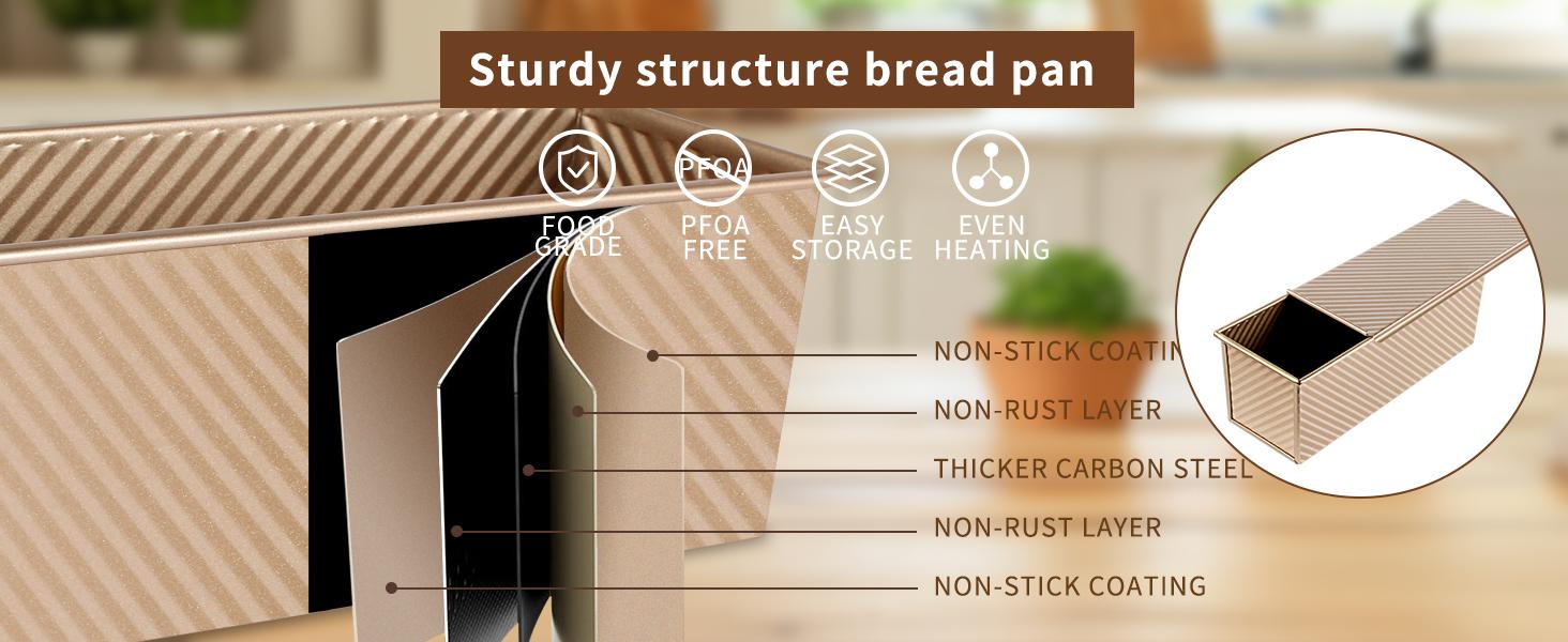Pullman Loaf Pan with Lid, 1 lb Dough Capacity Non-Stick Bakeware for Baking Bread, Carbon Steel Corrugated Bread Toast Box Mold with Cover for Baking Bread, Gold
