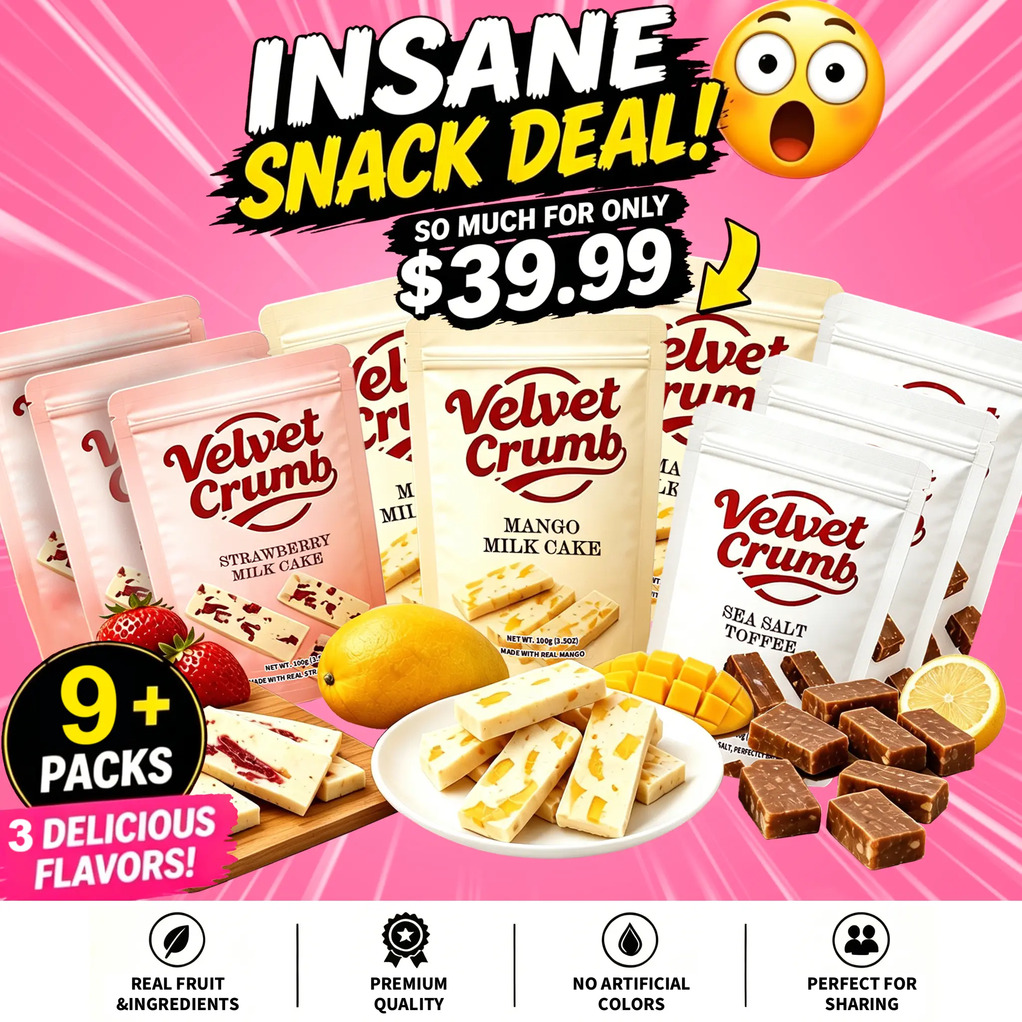9-Pack Strawberry Mango Milk Chocolate Bites - Freeze-Dried Crunch, Late Night Snack, Nut-Containing Snack Cakes & Pastries, Contains Nuts
