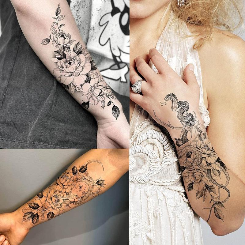 64 Sheets Long Lasting Flower Temporary Fake Tattoos For Women Arm Neck, Jellyfish Sunflower Moon Rose For Adults Girl, 3D Temp Realistic Snake...