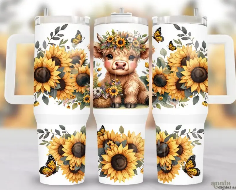 40 oz Stainless Steel Vacuum Flask Tumbler - Highland Cow, Sunflower Design, Reusable Beverage Container with Straw