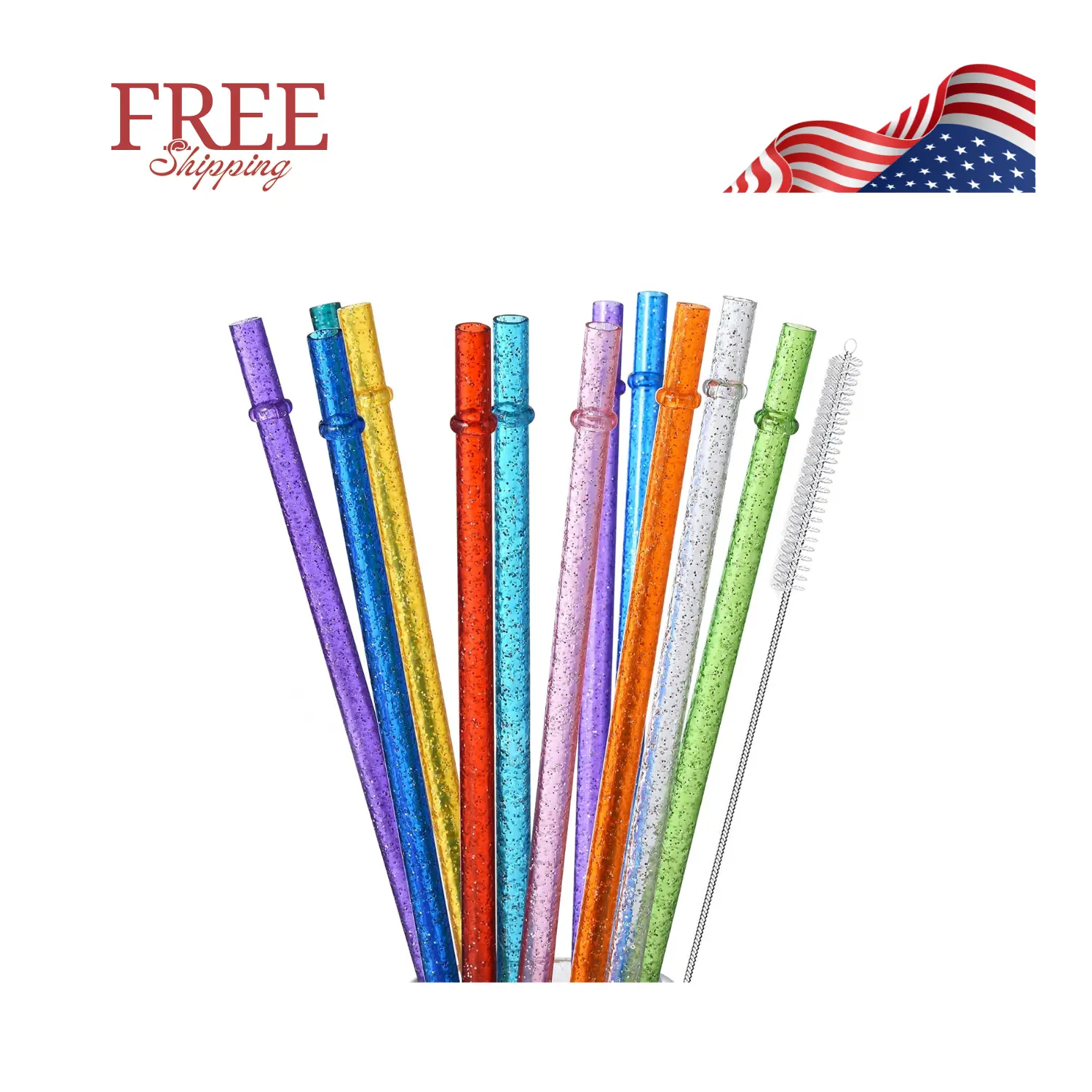12-Pack Reusable Plastic Glitter Straws, 11" Long Colorful