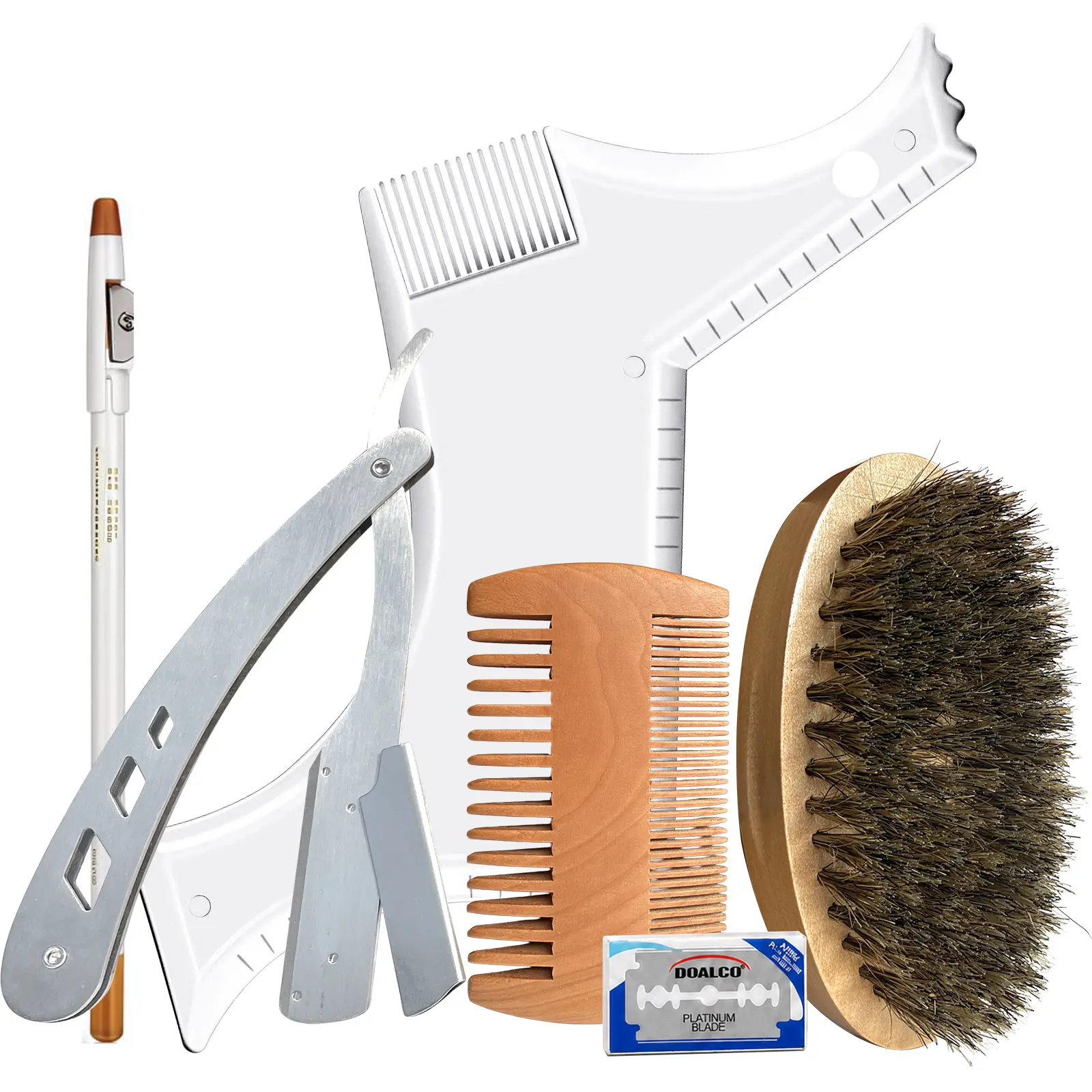 Men's Durable 6-Piece Beard Grooming Kit - Barber Equipment for Clean Shave & Symmetric Look, Includes Shaper Tool, Straight Razor, Boar Bristles Brush, Comb & Barber Pencil (Haircare & Styling Tools)
