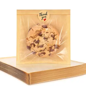 100 Pack Cookie Packaging Bags with Seal, 5.7x6.5 Inch Paper Bakery Bags with Window, Heat Sealable & Grease Resistant To Go Bake Sale Sleeves for Treat, Donut, Cake Slice, Scone, Brownie