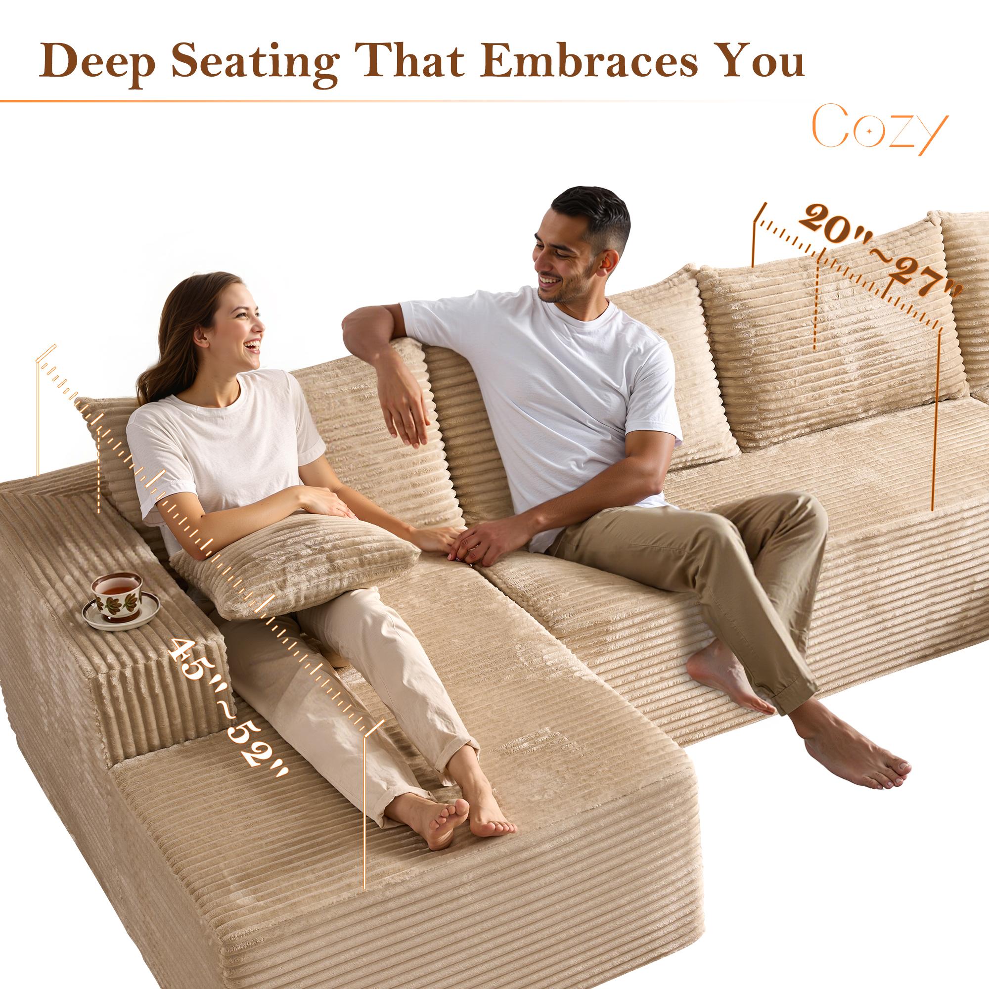 【Shipped in 2 or 3 packages】Popular No Assembly Needed 132'' U-Shape Oversized Cloud sofa Couch - Corduroy Modular Sectional Sofa with 6 Soft Pillows, Deep Seat Boneless Upholstered Couches for Living Room