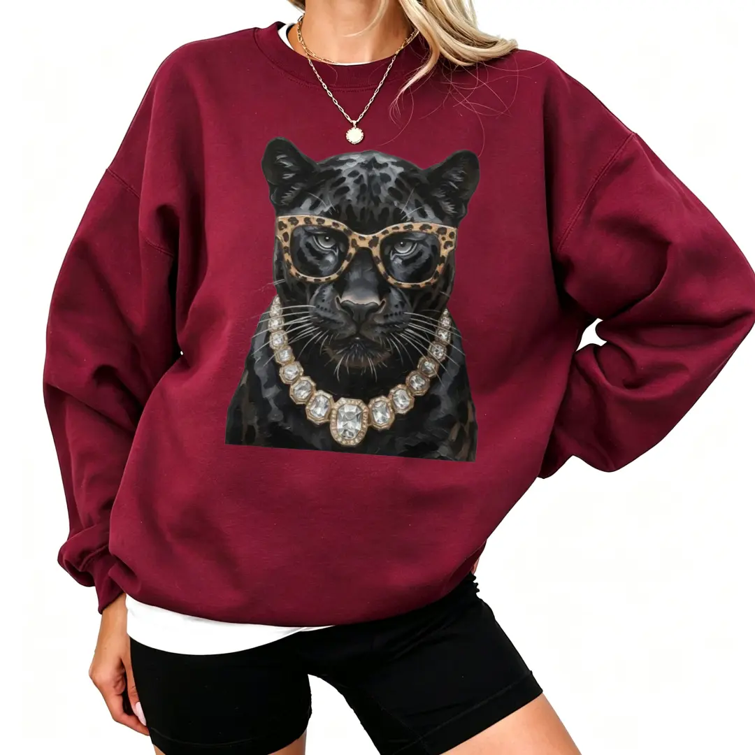 Womens Gildan Burgundy Sweatshirt Cool Black Panther Leopard Print Glasses Diamond Necklace Graphic Crew Neck Pullover Cute Aesthetic Streetwear Jumper TikTok Viral Trend Oversized Casual Fall Tops Lounge Wear Boujee Animal Lover Gift