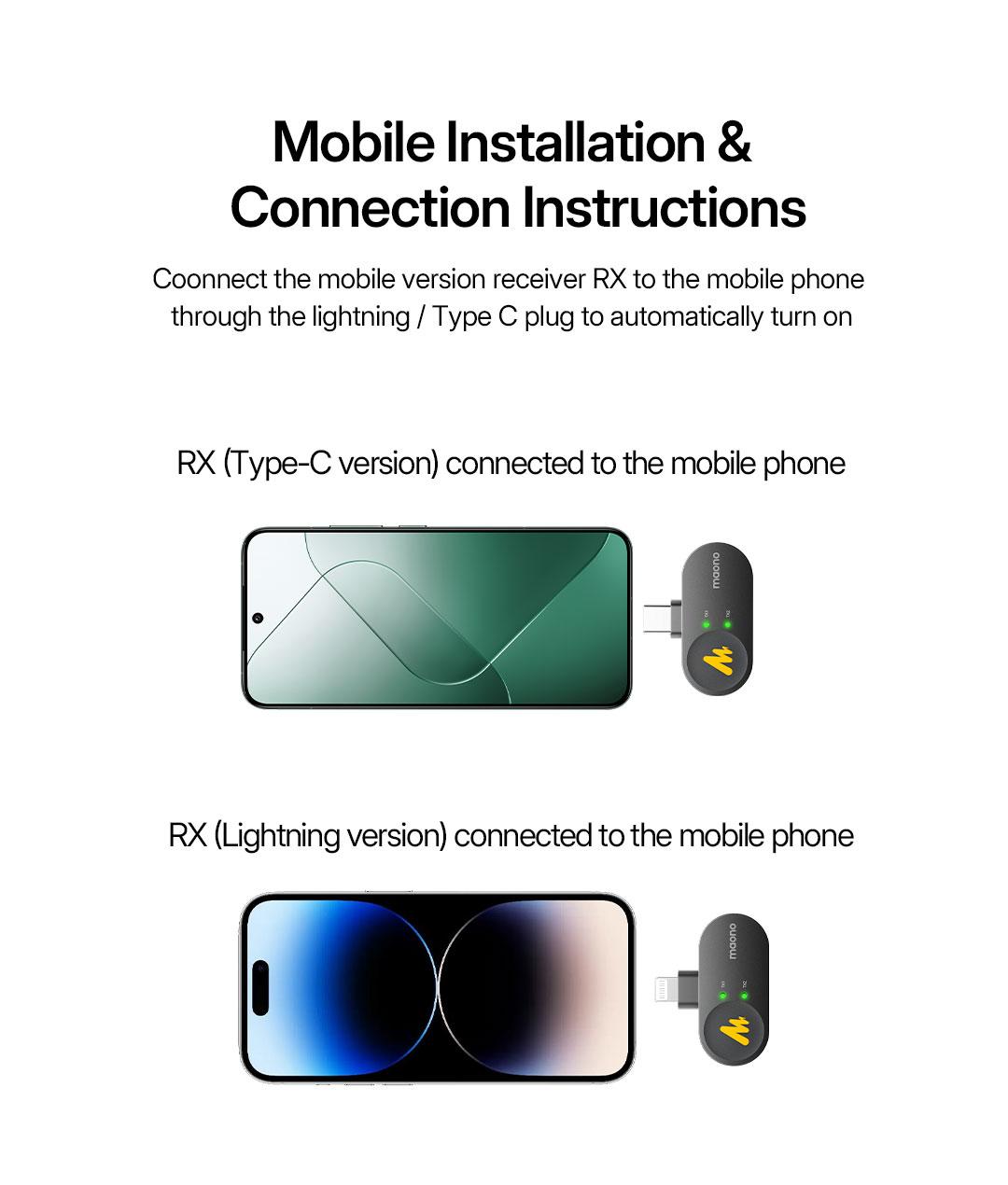 Portable Exclusive Type-C and Lightning Receiver Only For Maono T5 wireless Lavaliar Microphone, widely compatible with iPhone, iPad and Android.