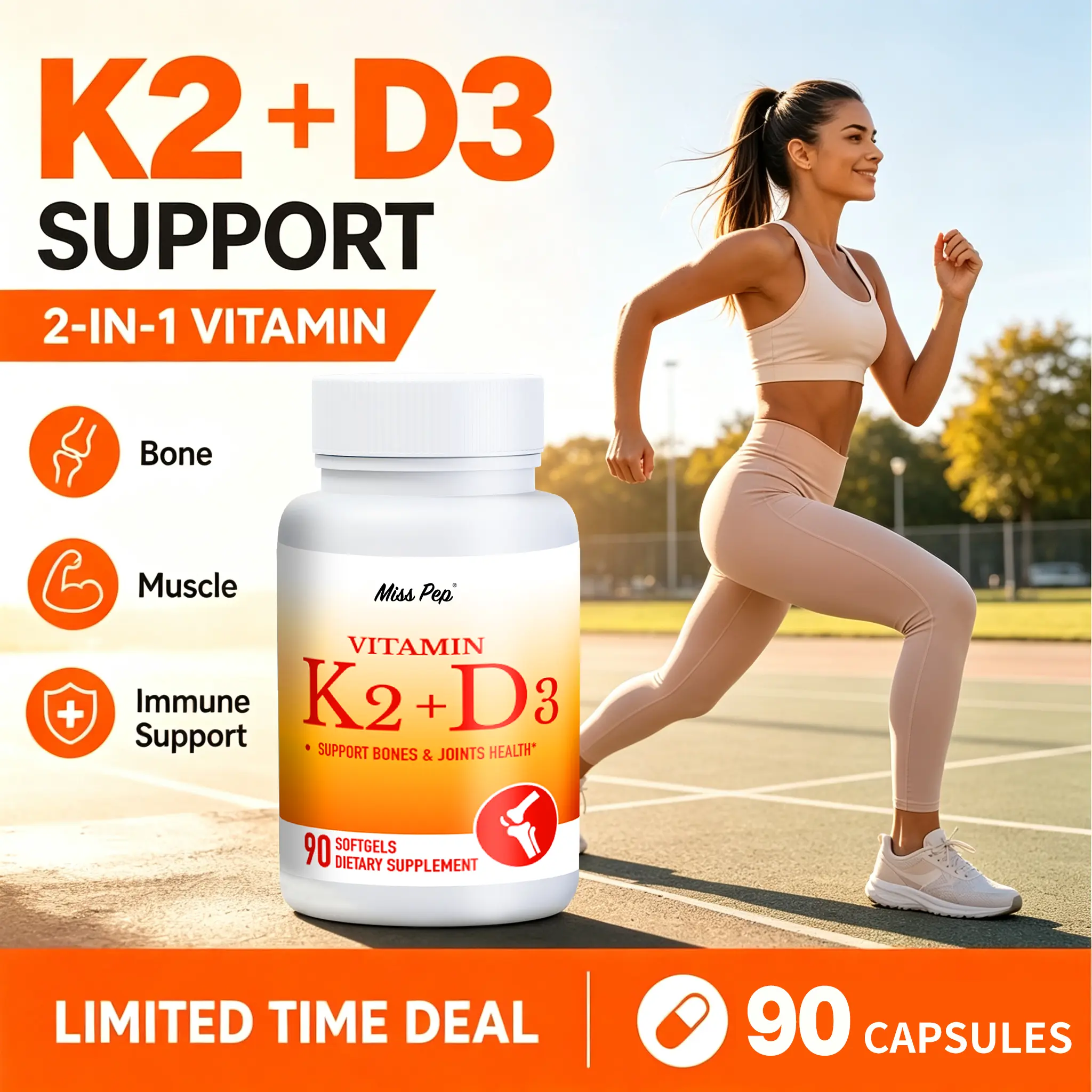 Misspep Vitamin K2-D3 Dietary Supplement - 90 Softgels, Supports Bone & Cardiovascular Wellness (Nutrition Formula)