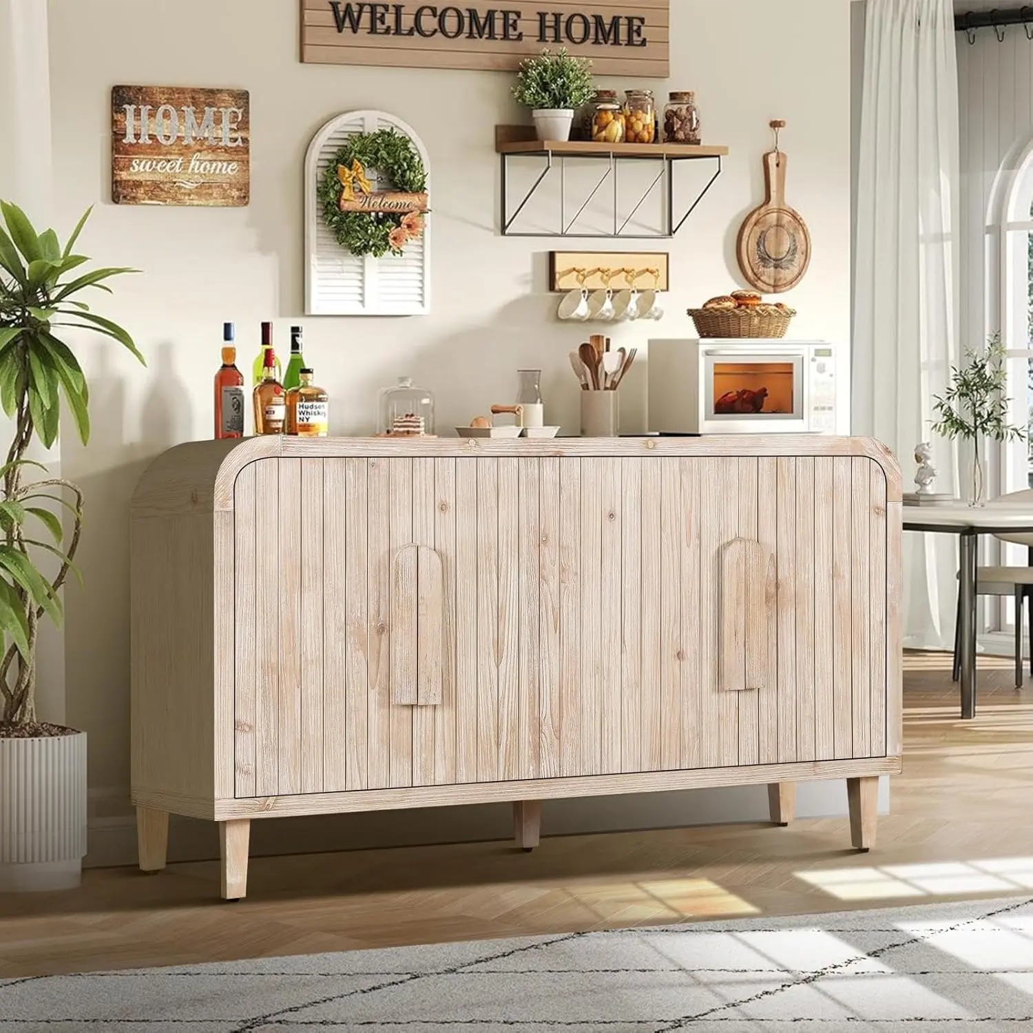 59 in Farmhouse Curved Vintage Storage Sideboard - Antique White Wood Accent Cabinet with 180-Degree Hinges, Adjustable Shelves for Kitchen, Dining Room