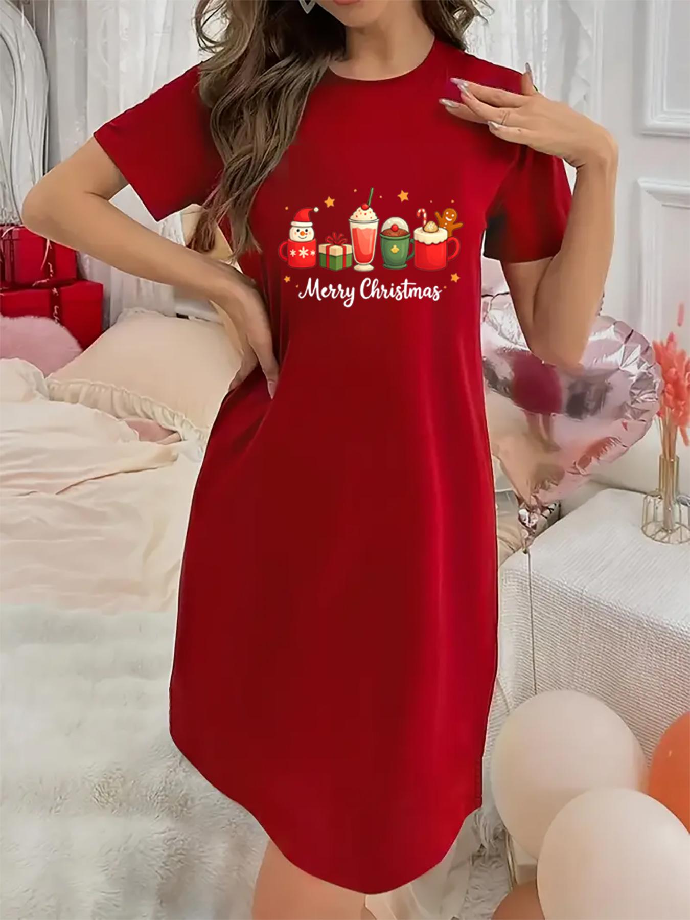 Soft Micro Elastic Summer With Merry Christmas Print Short-Sleeved Crew Neck Night Dress - Machine Washable, Casual, Comfortable Homewear For Women Cute Short gown night gown women Suitable for Halloween, Christmas and Thanksgiving