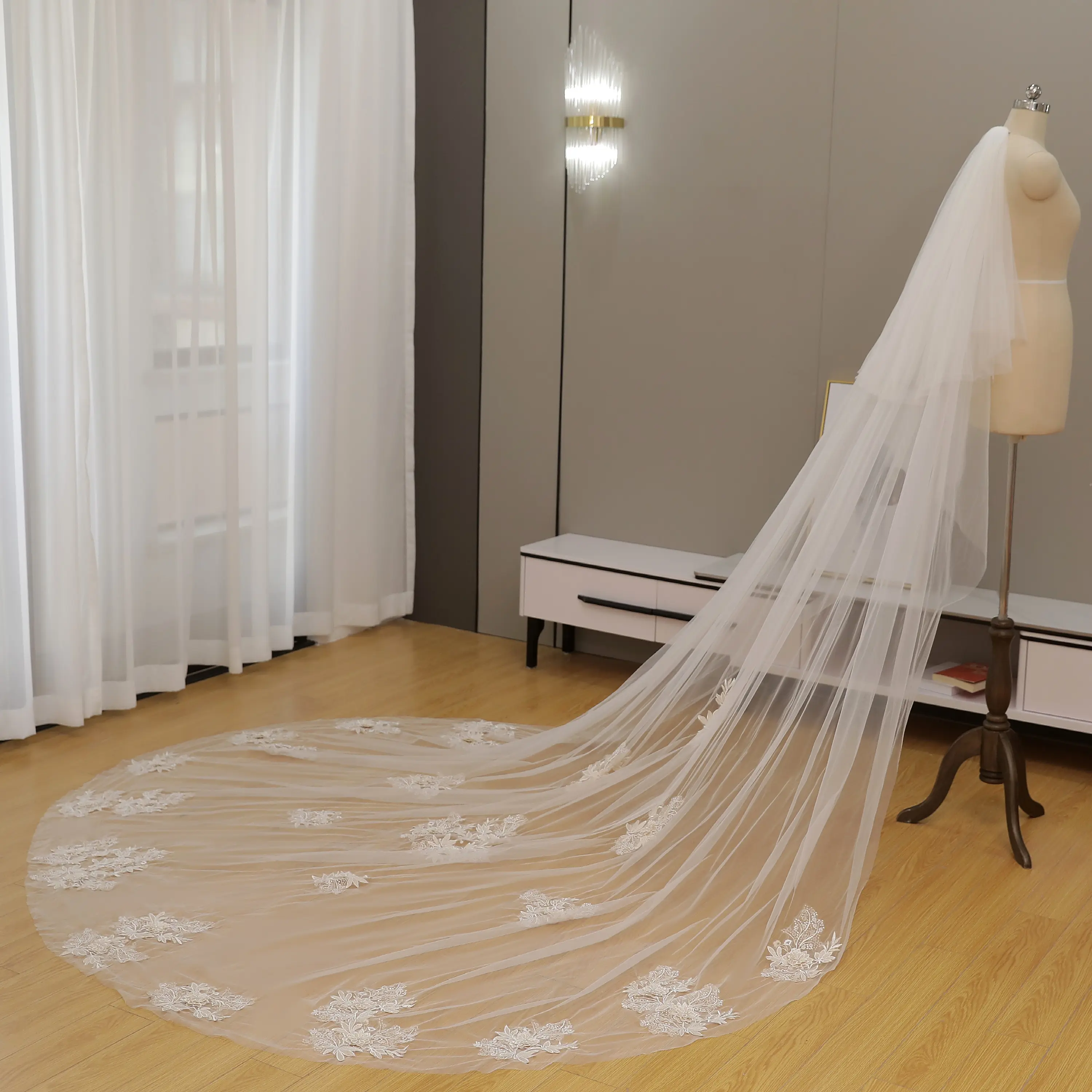Two-Tier Cathedral Length Bridal Veil with Scattered 3D Floral Lace Appliques
