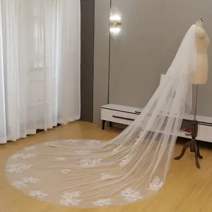 Two-Tier Cathedral Length Bridal Veil with Scattered 3D Floral Lace Appliques