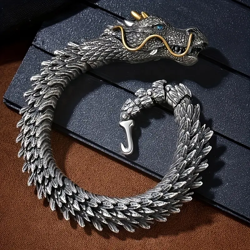 Men's Retro Black Dragon Bone Bracelet - Domineering Cool High-End Snake-Shaped Costume Jewelry, Ideal for Gifting