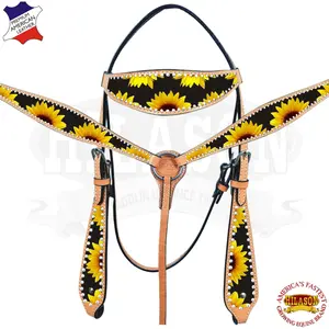 HILASON Western Horse Headstall Breast Collar American Leather Sunflower | Tack Set for Horses
