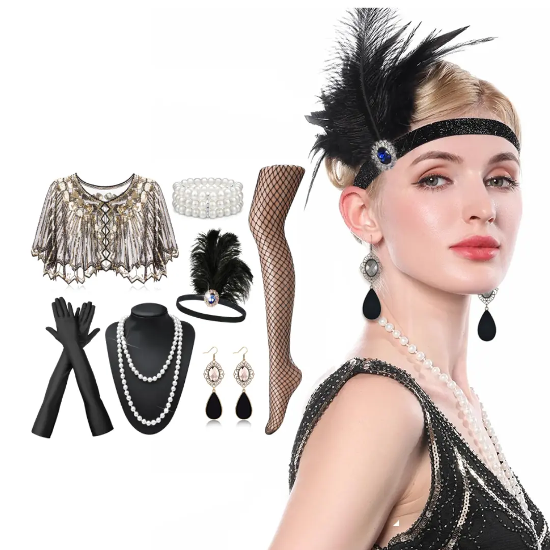 1920s Accessories Set for Women, Elegant Flapper Costume with Feather Headband, Pearl Necklace, Long Satin Gloves & Fishnet Stockings for Great Gatsby Party
